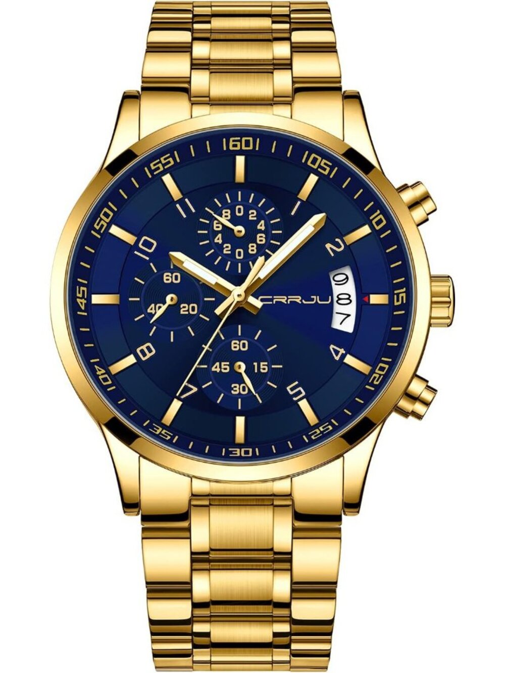Men's Gold And Blue Analog Stainless Steel Waterproof Chronograph Wrist Watch